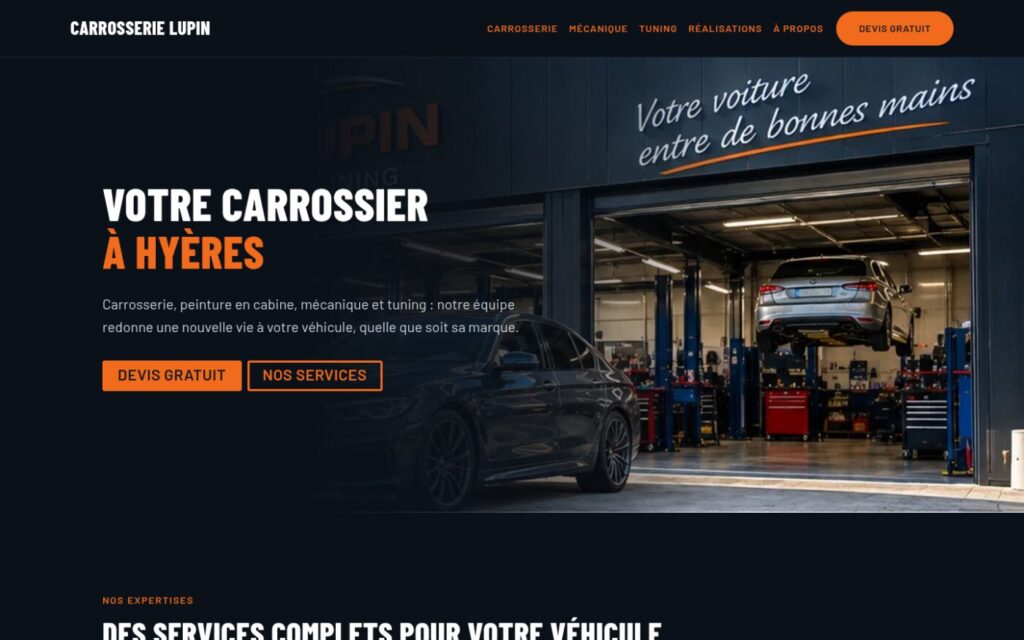 Page d’accueil du site de démonstration Carrosserie Lupin, carrossier à Hyères