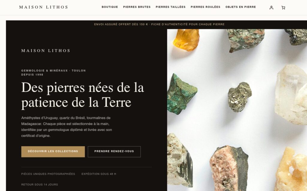 Page d’accueil de la boutique de démonstration Maison Lithos, minéraux et gemmes